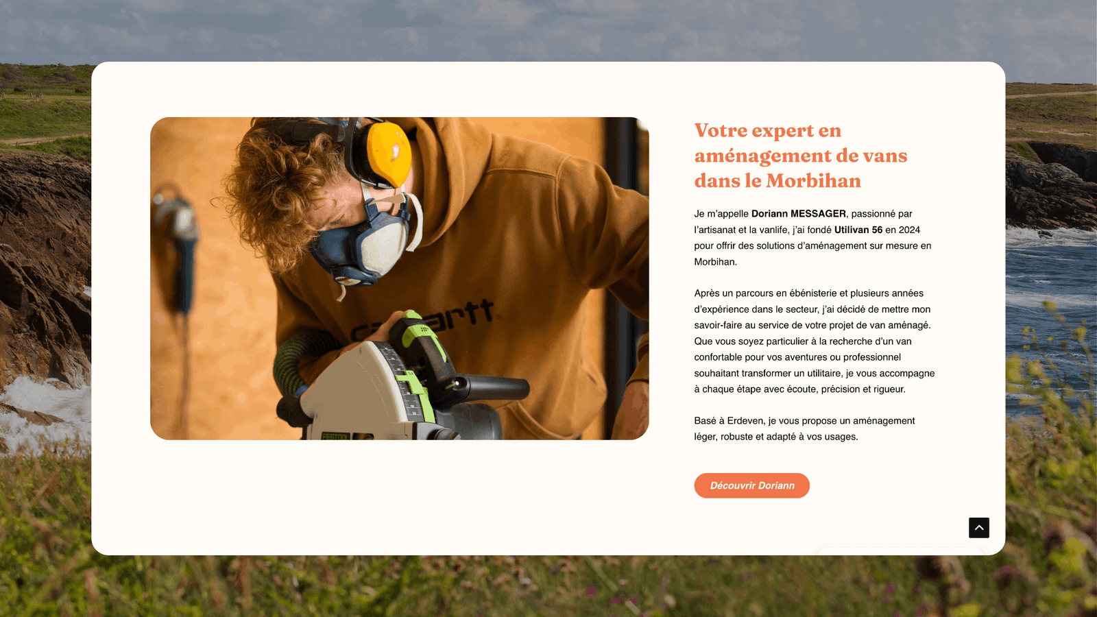 Section du site Utilivan 56 présentant l’artisan spécialisé dans l’aménagement de vans dans le Morbihan