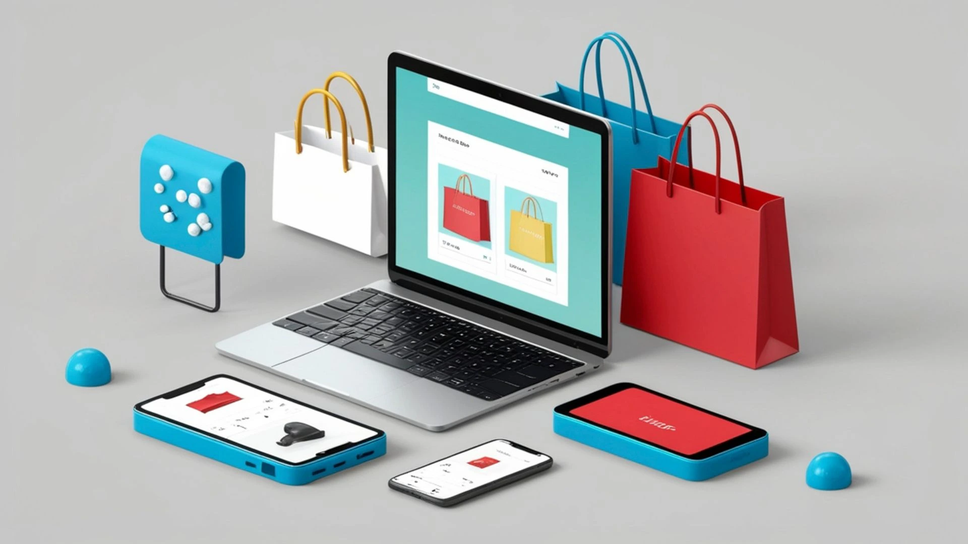 Ordinateur et smartphones affichant une boutique en ligne avec des produits