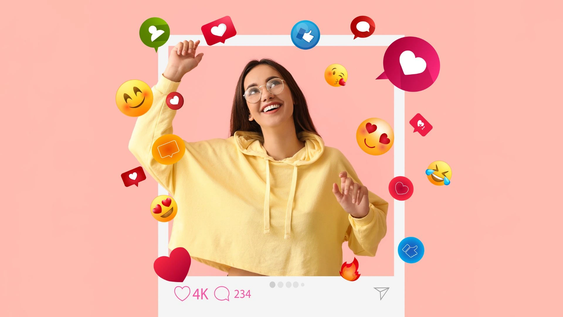 Femme entourée d’icônes de réactions et d’interactions sur les réseaux sociaux