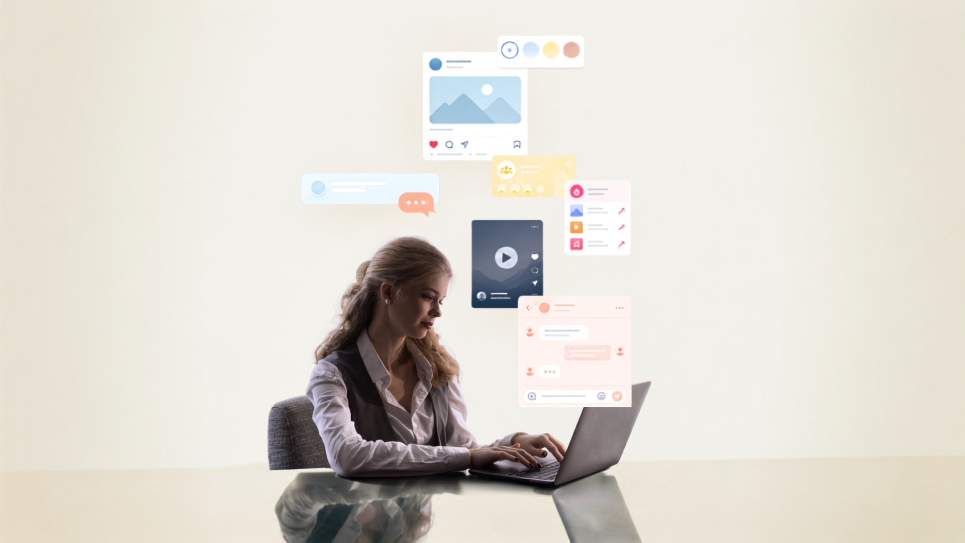 Professionnelle travaillant sur un ordinateur avec des éléments représentant les réseaux sociaux